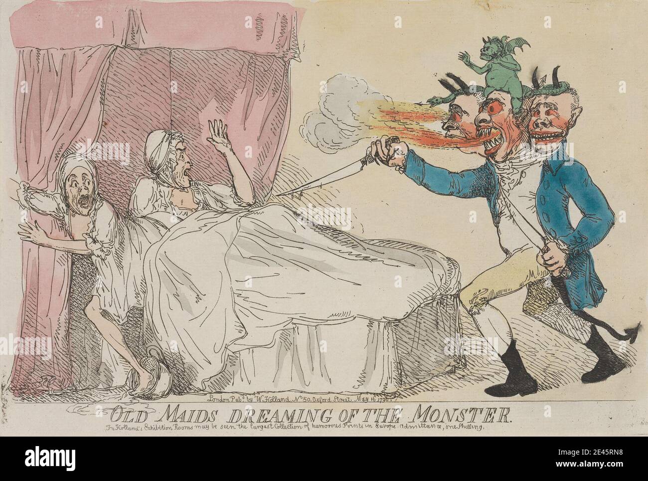 Pubblicato: William Holland, 1757â–1815, britannico, Old Maids Dreaming of the Monster, 1790. Acquaforte, colorata a mano. Foto Stock Pubblicato: William Holland, 1757â–1815, britannico, Old Maids Dreaming of the Monster, 1790. Acquaforte, colorata a mano. Foto Stock