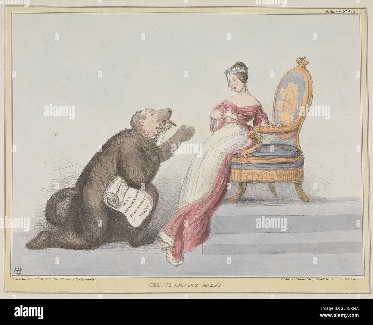 John Doyle ('H.B.'), 1797â-1868, irlandese, Beauty and the Beast, 1840. Litografia, colorata a mano. Foto Stock