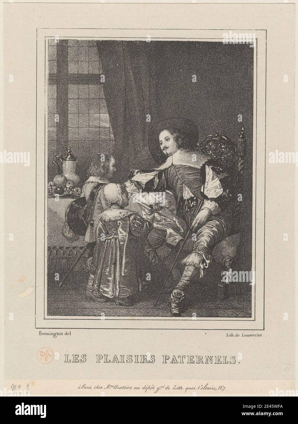 Stampa realizzata da Richard Parkes Bonington, 1802â–1828, British, Les Plaisirs Paternels, 1826. Litografia su carta media, liscia, crema wove. Aristocrat , cofano , canna , sedia , bambini , figlia , discussione , drappeggio , famiglia , vestito fantasia , padre , cibo , frutta , genere oggetto , cappello , uomo , lanciatore , piacere , figli , spada , tabella , finestra Foto Stock