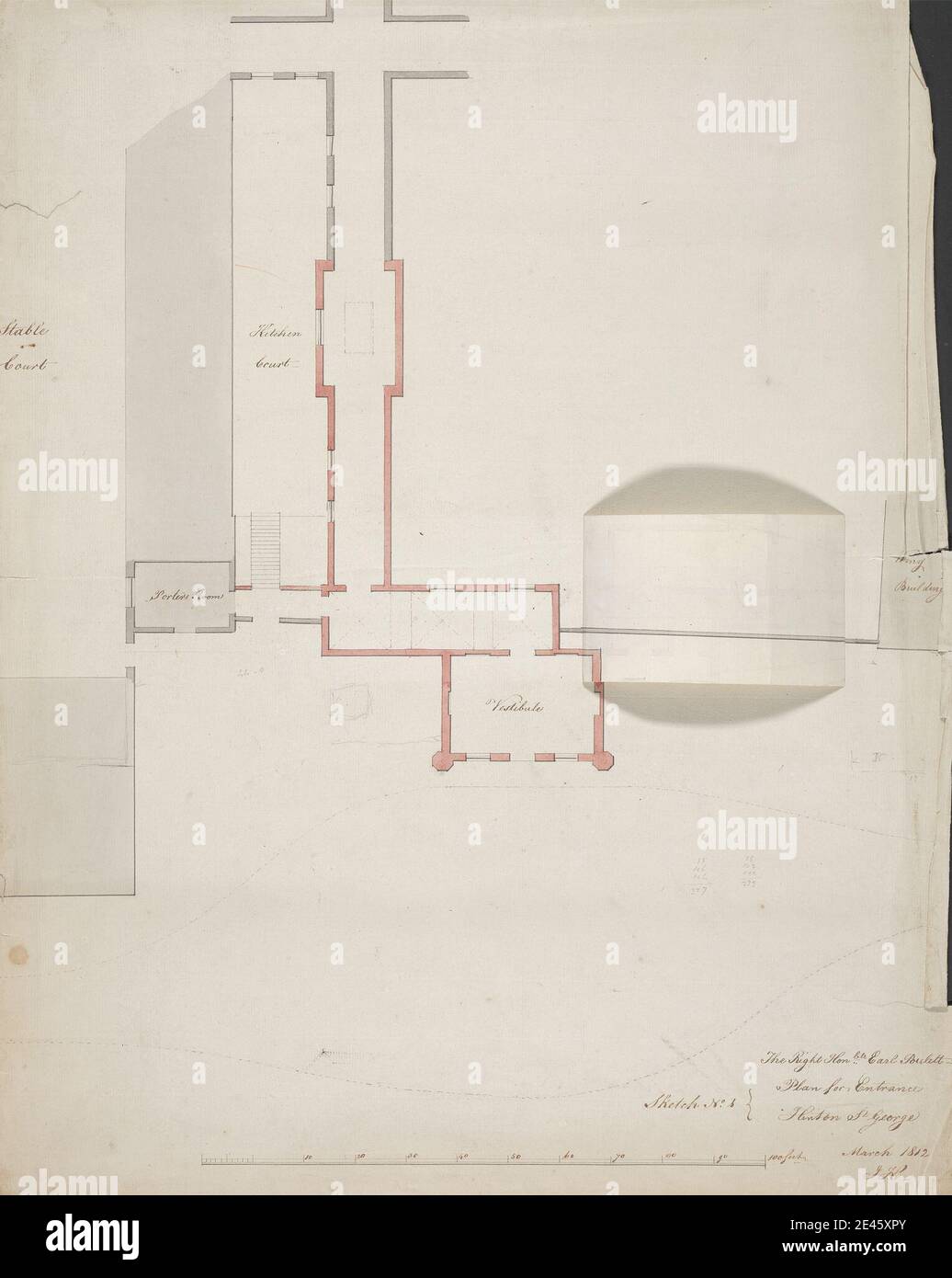 John Kempshead, attivo 1808, piano di ingresso a Hinton St. George, 1812. Grafite, penna e inchiostro nero, acquerello, penna e inchiostro marrone su moderatamente testurizzata, moderatamente spessa, crema posato barra di carta da 1/10 pollici a 1 piede. Soggetto architettonico , piano. Inghilterra , Europa , Hinton St George , Somerset , Regno Unito Foto Stock