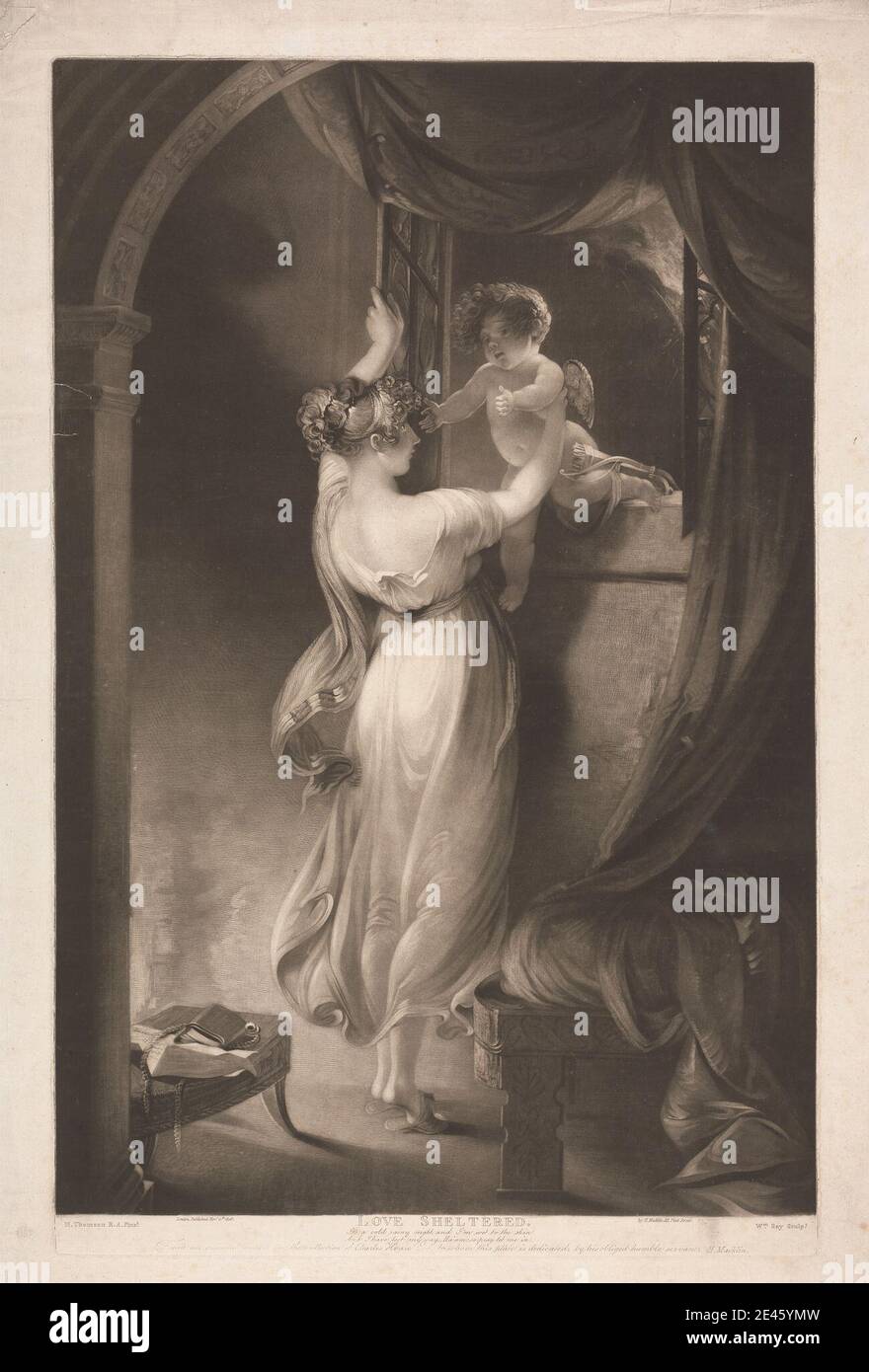 William Say, 1768â–1834, British, Love Sheltered, 1806. Mezzotinta su carta leggermente spessa, leggermente testurizzata, crema, deposta. Foto Stock