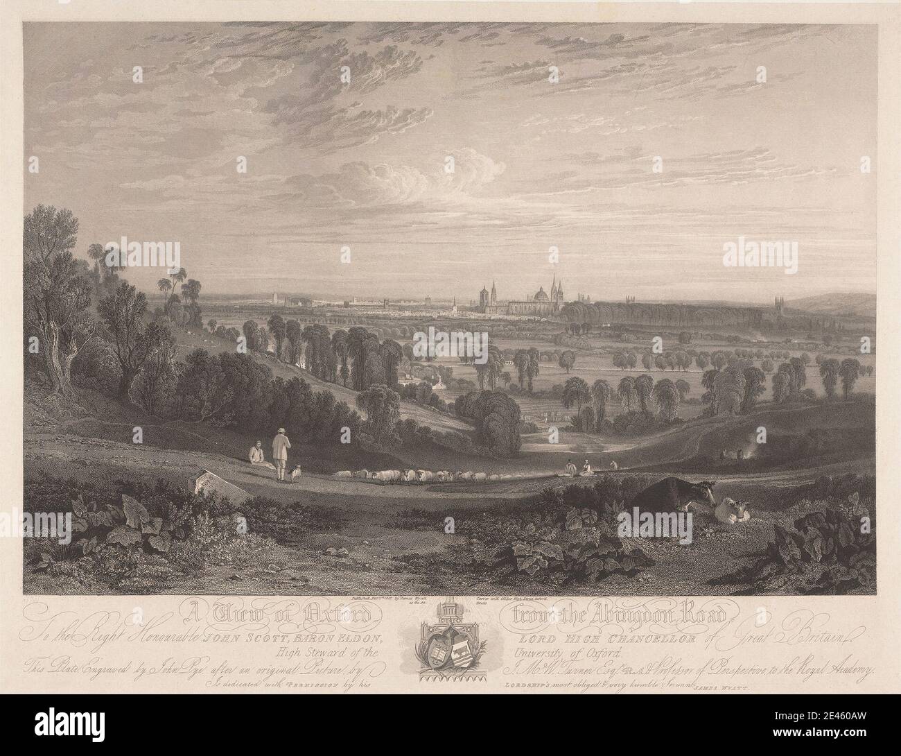 Stampa realizzata da John Pye, 1782â–1874, British, A View of Oxford from the Abingdon Road, 1818. Incisione e incisione di linea; pubblicato per la prima volta su carta di wove crema leggermente spessa con creme chine-collÃ©. Foto Stock