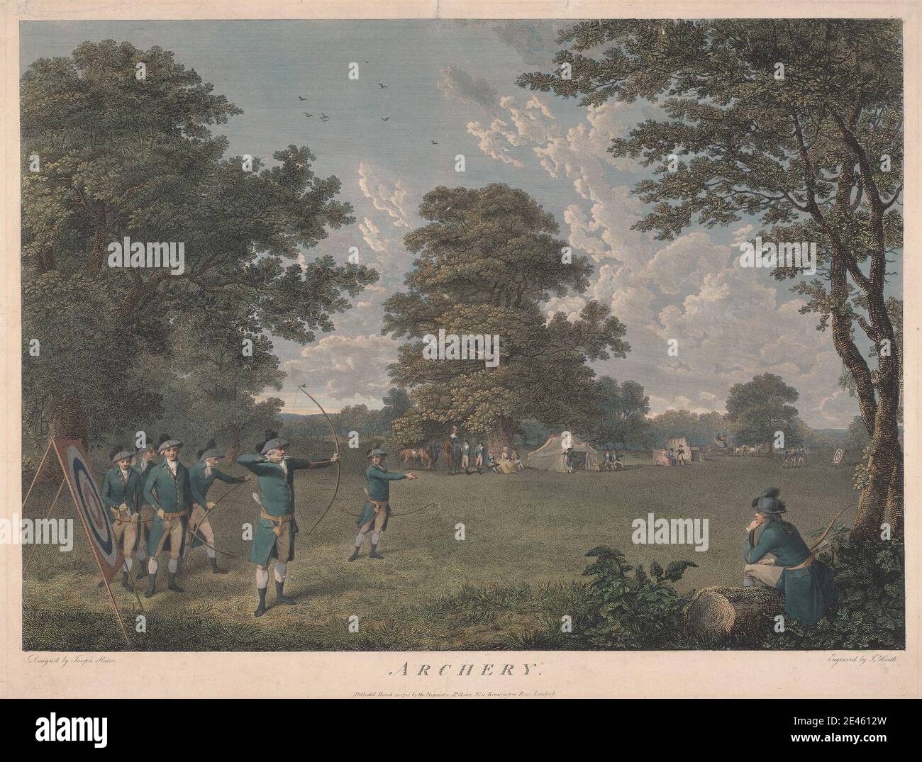 Dopo James Heath, 1757â–1834, British, Archery, 1789. Incisione colorata a mano. Foto Stock