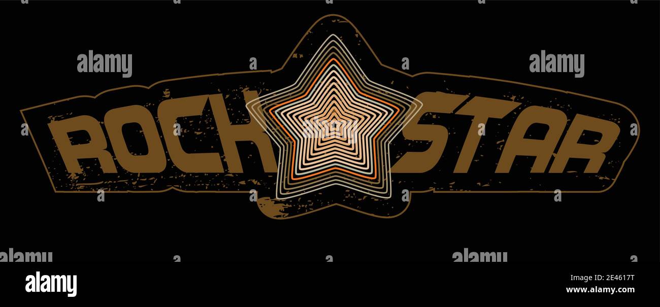 Tracciare una stella su un'iscrizione di "Rock Star" su sfondo nero. Etichetta per t-shirt. Disegno vettoriale tipografico. Modalità colore CMYK Illustrazione Vettoriale