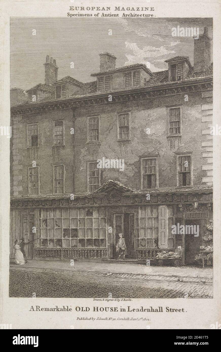 Samuel Rawle, 1771â–1860, British, UNA notevole Vecchia Casa in Leadenhall Street, 1801. Incisione. Foto Stock