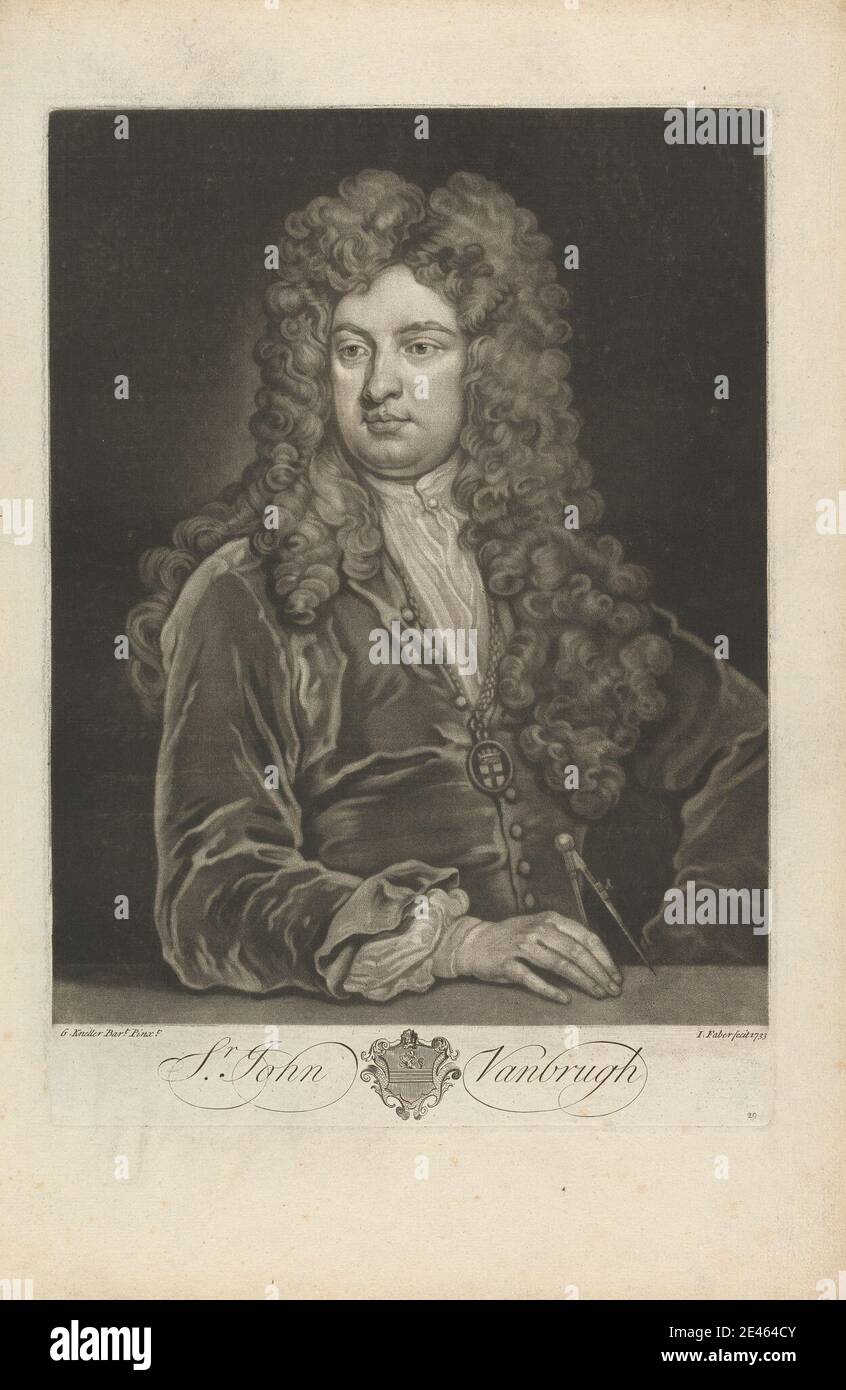 John Faber il giovane, ca. 1695â–1756, Netherlandish, attivo in Gran Bretagna, Sir John Vanbrugh, 1733. Mezzotint su carta leggermente spessa, leggermente testurizzata, crema posata. Catena , cappotto , stemma , bussola , cresta , colletto livrea , uomo , pendente , ritratto , scudo , parrucca. Vanbrugh, Sir John (1664â-1726), drammaturgo e architetto Foto Stock
