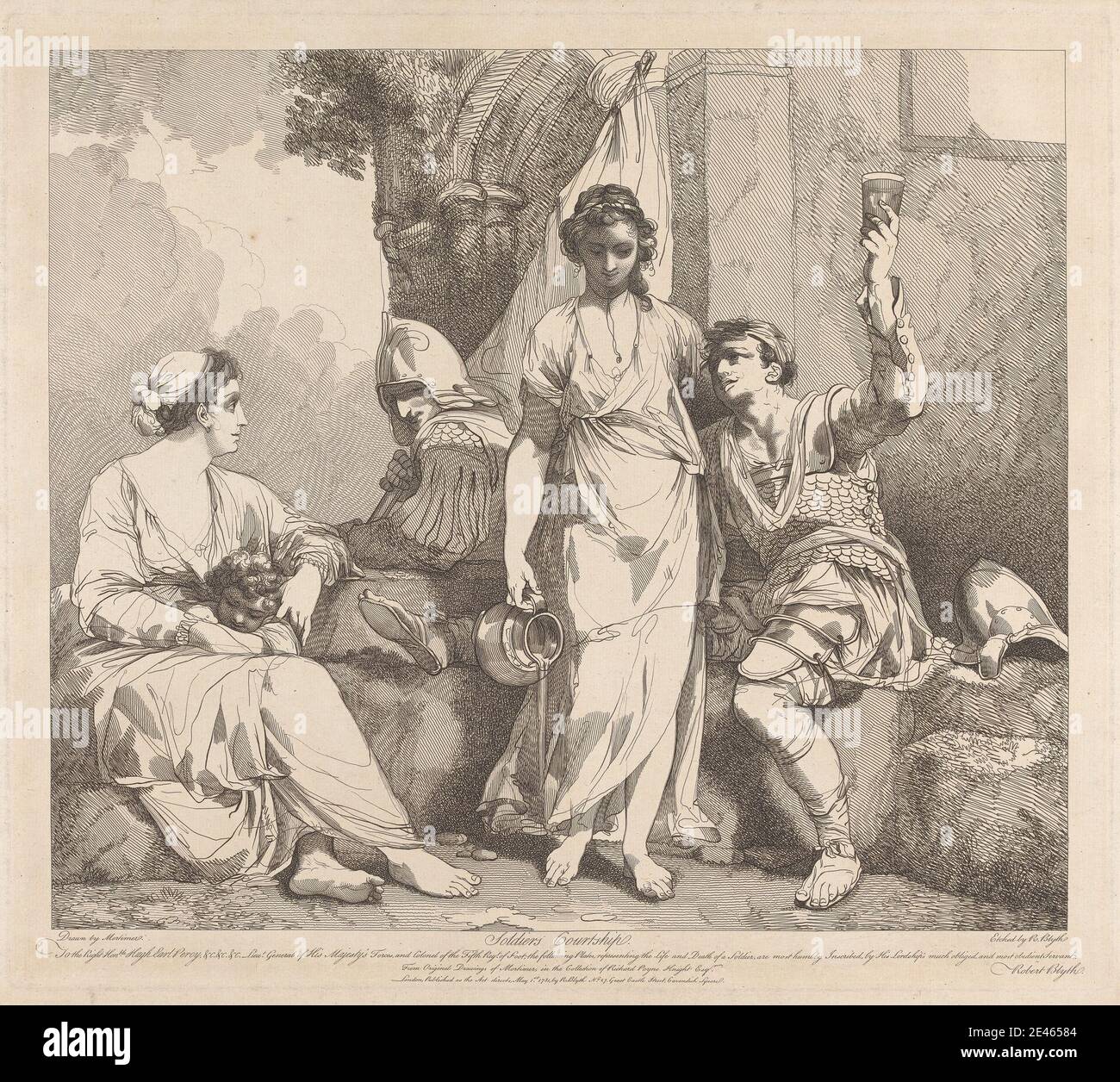 Robert Blyth, 1750â–1784, vita e morte di un soldato: La Courtship del soldato (note al numero 54 del catalogo Mortimer Exhibition 1968), 1781. Incisione. Foto Stock