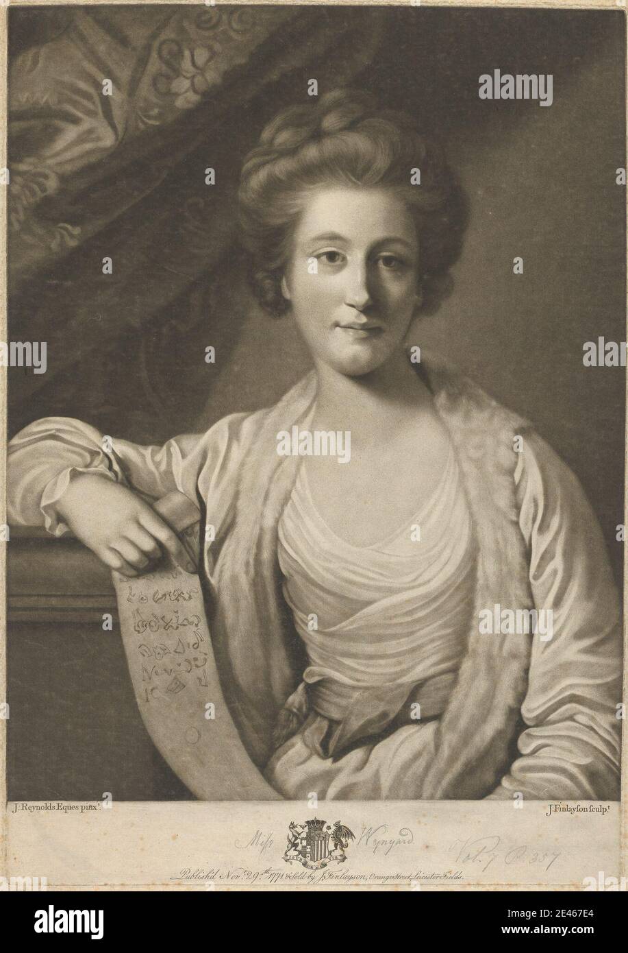 John Finlayson, 1730â–1776, British, Miss Emily Wynyard, 1771. Mezzotinta su carta leggermente spessa, moderatamente testurizzata, crema. Foto Stock