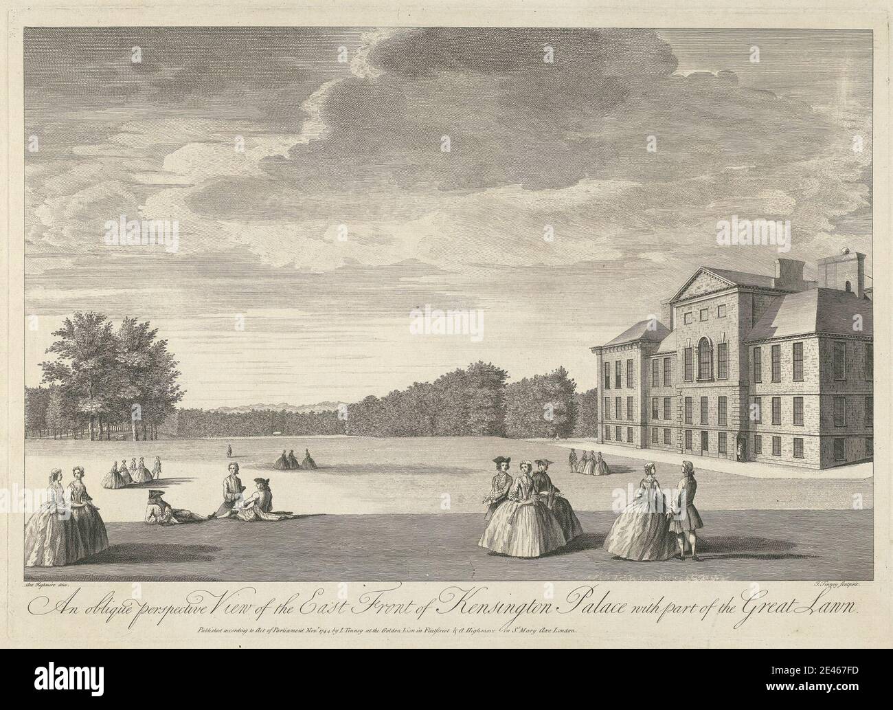 John Tinney, morto 1761, britannico, una vista prospettica obliqua del fronte orientale di Kensington Palace, 1744. Incisione. Foto Stock