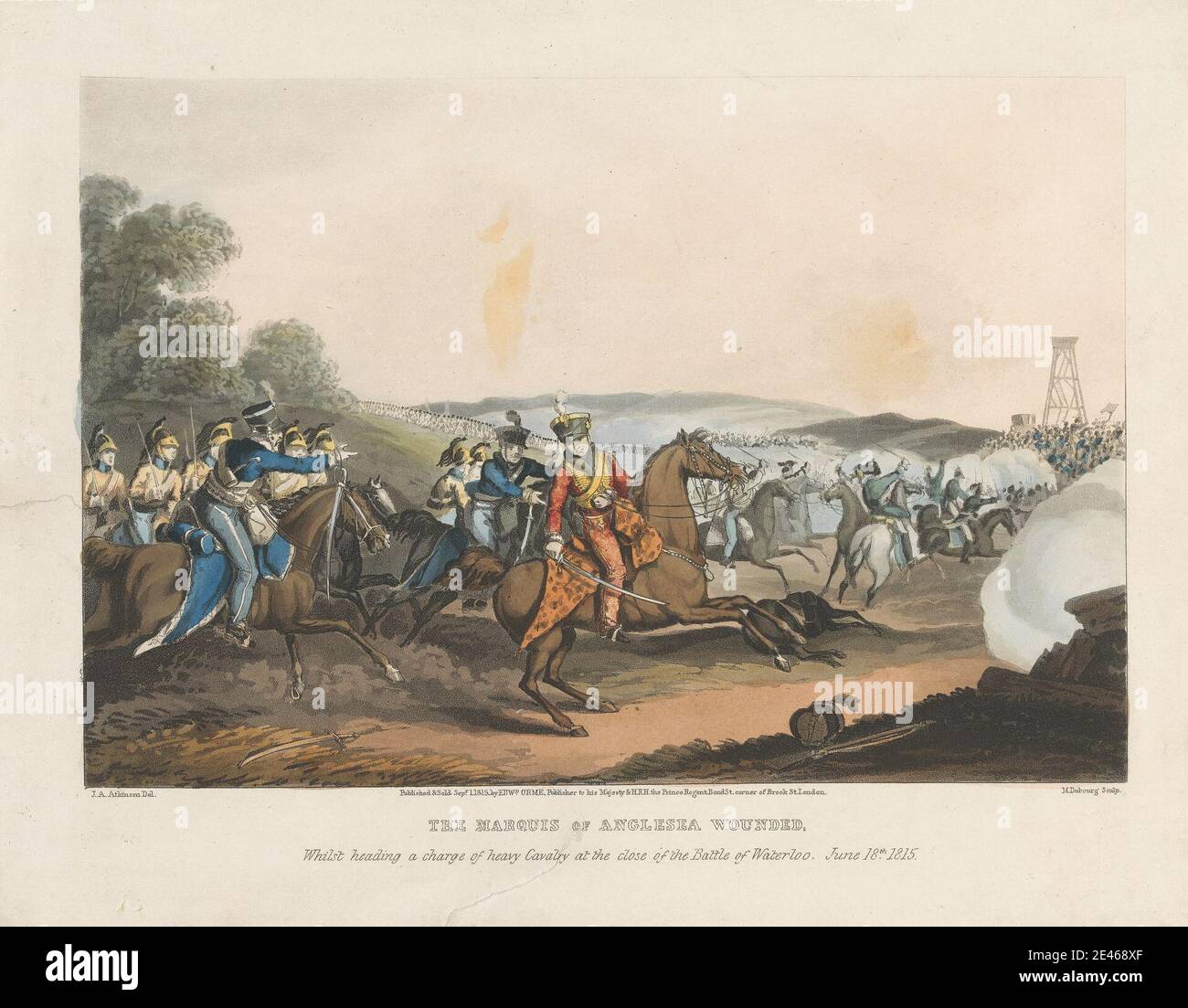 Stampa di Matthew Dubourg, attivo 1786–1838, britannico, il marchese di Anglesea ferito mentre guidava una carica di Cavalleria pesante alla chiusura della battaglia di Waterloo, 18 giugno 1815, 1815. Acquatinto con colorazione a mano su carta di wove crema di spessore moderato, leggermente testurizzata. Battaglia , Battaglia di Waterloo, 1815 , campo di battaglia , cavalleria , costume , gesto , caschi , colline , cavalli (animali) , feriti , uomini , arte militare , puntamento , ceneri , fumo , lance (armi) , spade , uniformi , guerra , ferita. Belgio , Brabant , Europa , Wallonie , Waterloo. Paget, Henry William, prima marchessa di An Foto Stock