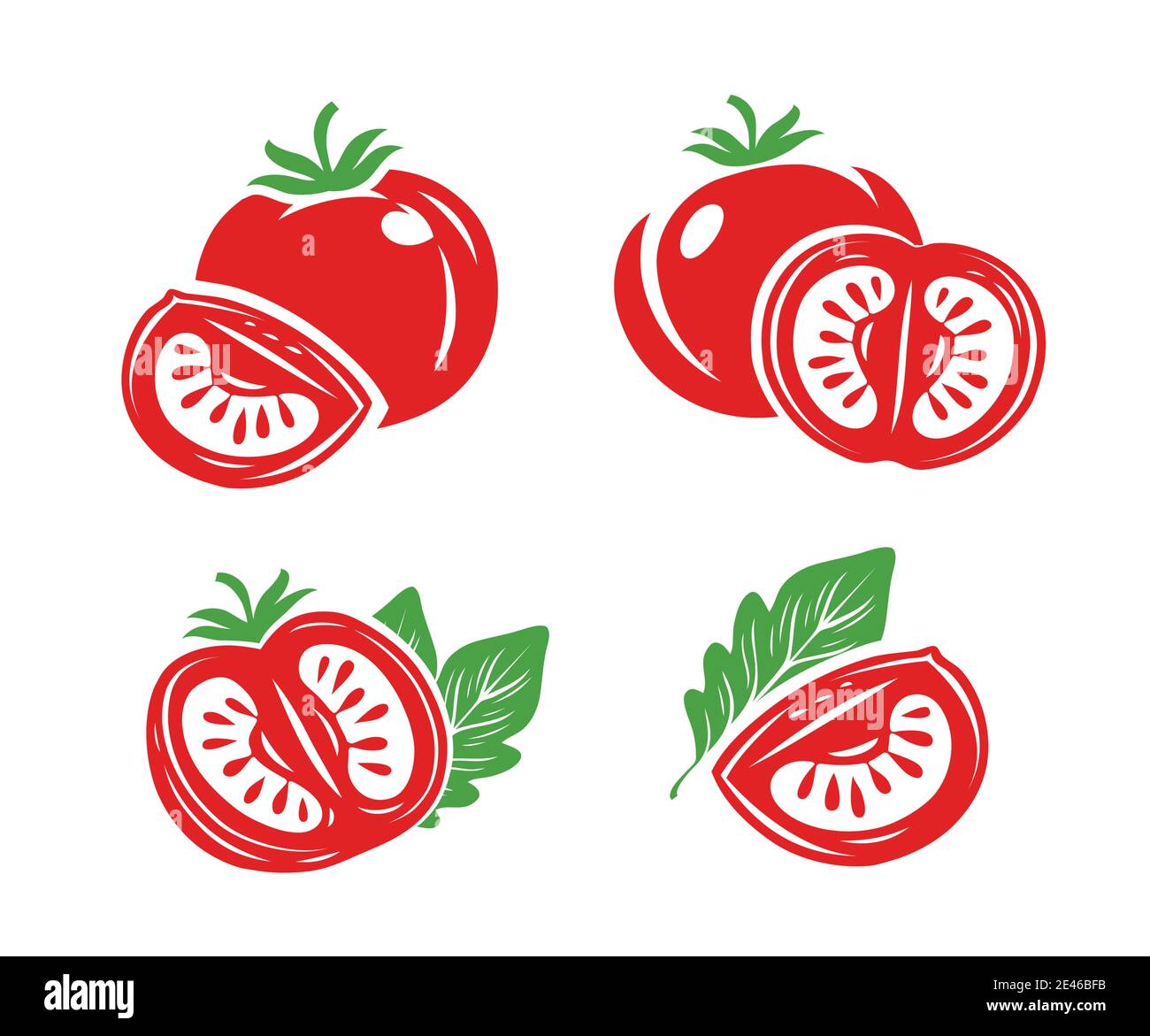 Simboli set di pomodori rossi freschi. Metà, fetta di pomodoro Illustrazione Vettoriale