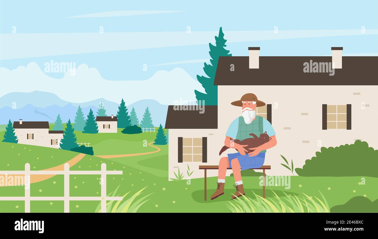 Uomo anziano con illustrazione del vettore del gatto dell'animale domestico. Cartoon anziano personaggio maschile seduto su panca all'aperto in casa giardino o parco, abbracciando il proprio gattino, relax con animale gatto in estate natura sfondo Illustrazione Vettoriale