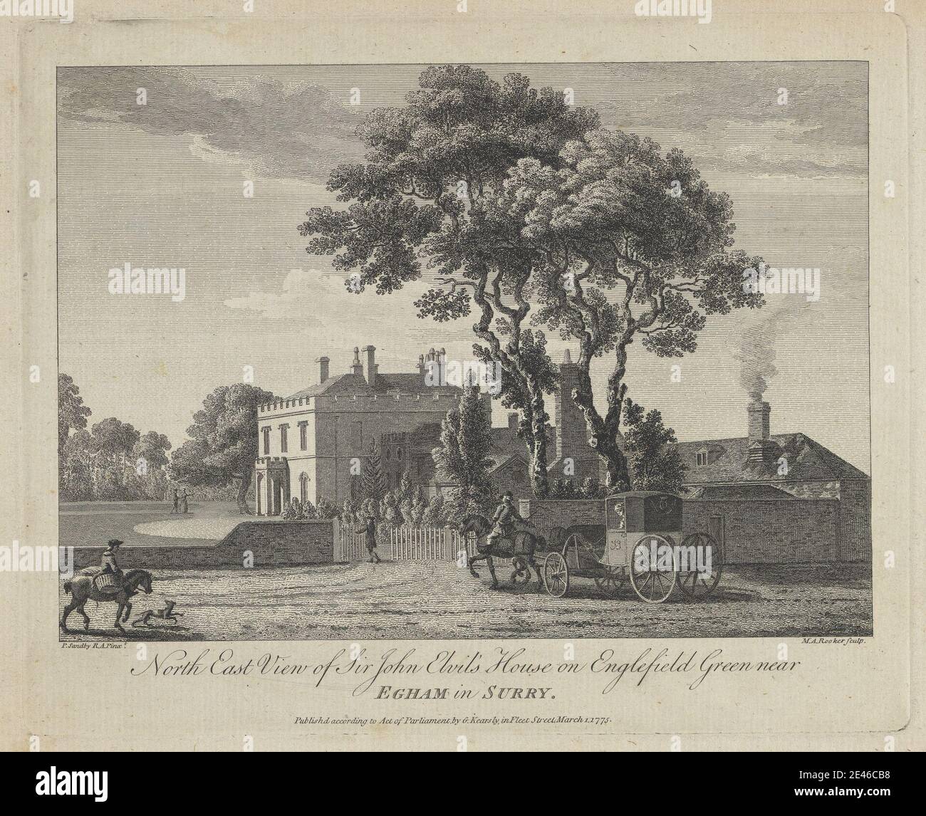 Stampa realizzata da Michael Angelo Rooker, 1746â–1801, inglese, North East View of Sir John Elvill's House on Englefield Green Near Egham in Surry, 1775. Incisione su carta media, moderatamente testurizzata, crema. Soggetto architettonico , genere soggetto , paesaggio Foto Stock