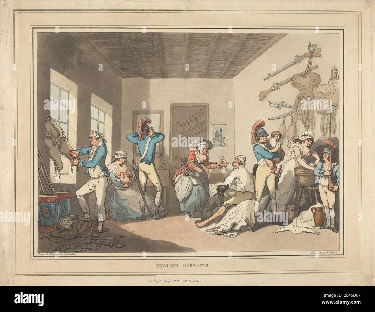 Thomas Malton, 1726â–1801, British, English Barracks, 1791. Acquatinta e acquatinta colorate a mano su carta spessa, leggermente testutrata, beige, wove. Foto Stock