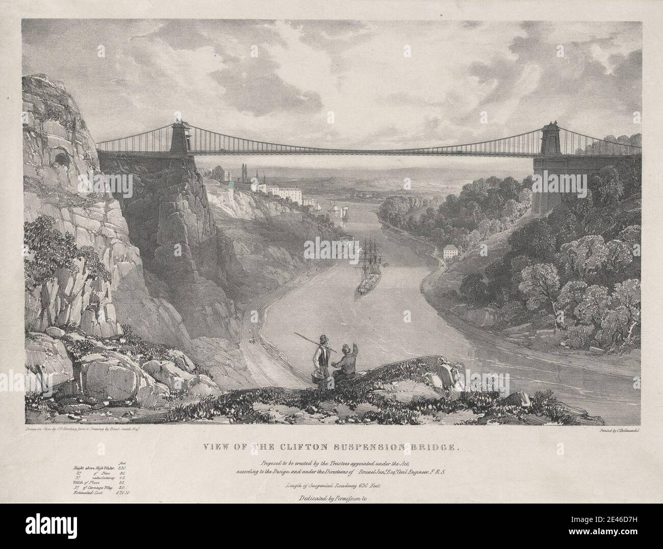 James Duffield Harding, 1798â–1863, inglese, vista del ponte sospeso  Clifton, non datato. Litografia su carta wove beige moderatamente spessa,  leggermente testurizzata, con collÃ© di pino grigio. Disegno architettonico  , soggetto architettonico ,
