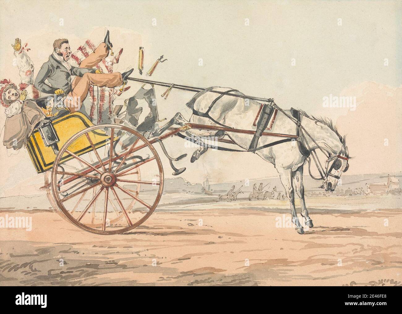 Henry Thomas Alken, 1785â–1851, British, Sporting Discoveries, o le miserie di guida... Scoprite che le redini sono sotto la sua coda, non ondate. Acquerello, con penna, in inchiostro marrone e inchiostro nero, su grafite media, leggermente testurizzata, beige, carta wove. Carrozza , conducente , guida , caduta , genere soggetto , cavallo (animale) , uomo , allevamento (cavallo) , redini , donna Foto Stock