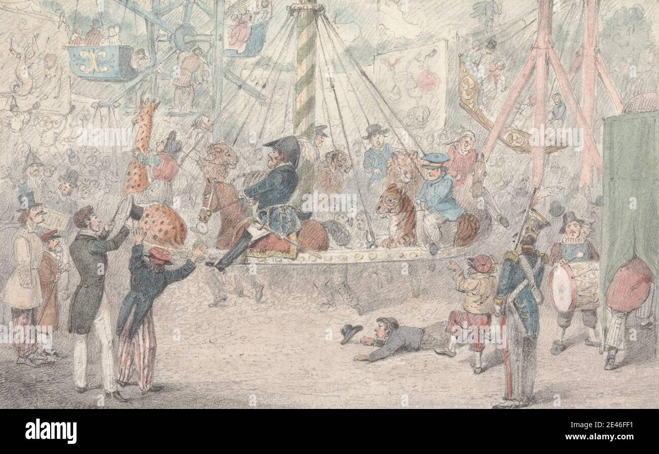 Henry Thomas Alken, 1785â–1851, inglese, Illustrazione a R.S. Surtees', Jorrocks's Jaunts e Jollities: 'Mr. Jorrocks fa un giro a St. Cloud', senza suolo. Grafite e acquerello su medio, leggermente testurizzato, bianco bluito, carta di wove. Animali , carnevale (eventi di intrattenimento) , bambini (persone per gruppo di età) , costumi , tamburi (membranofoni) , soggetto di genere , tema letterario , allegro-go-round , persone , giostre Foto Stock