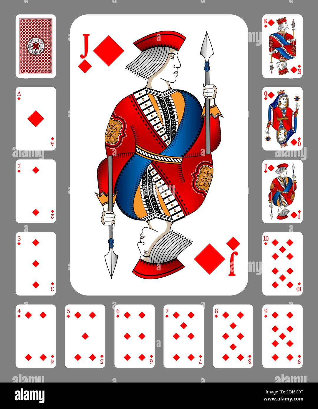 Carte da gioco di Diamonds suit su sfondo grigio. Design originale. Nuovo design delle carte da gioco. Illustrazione Vettoriale