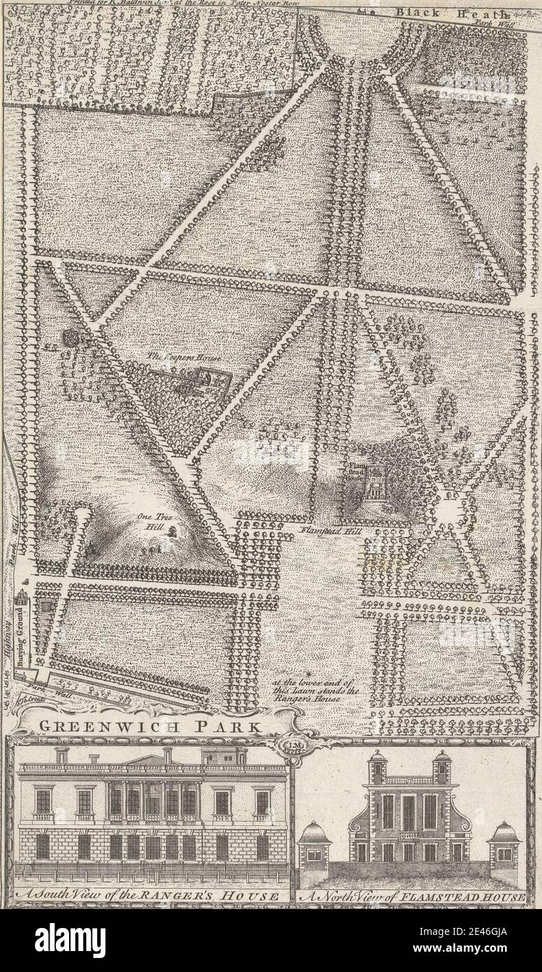 Artista sconosciuto, un piano di Greenwich Park e una vista del Ranger's e Flamstead Houses, 1749. Incisione. Foto Stock