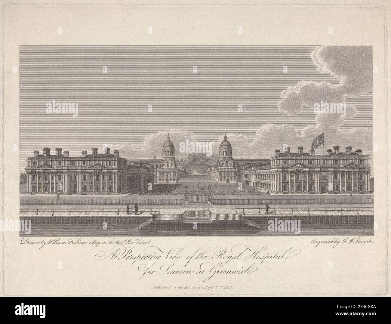 Robert William Smart, attivo 1820â–1834, UNA vista prospettica del Royal Hospital for Seamen a Greenwich, 1816. Incisione. Foto Stock