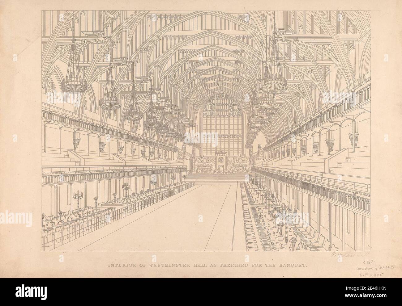 Stampa di B. Winkles, attivo 1835, britannico, interno della Westminster Hall come preparato per il banchetto, ca. 1821. Incisione su carta liscia, di spessore moderato, color crema. Soggetto architettonico , incoronazione , Giorgio IV , vista interna. Città di Westminster , Inghilterra , Londra , Palazzo di Westminster , Regno Unito , Westminster Hall Foto Stock