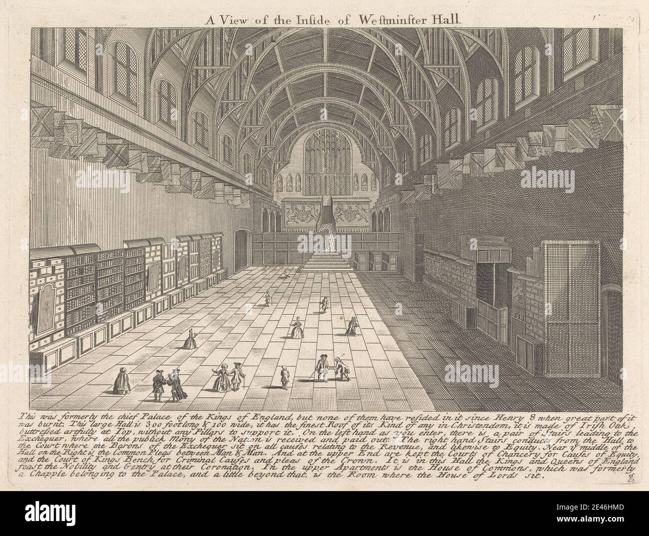 Artista sconosciuto, XVIII secolo, una vista dell'interno di Westminster Hall, ca. 1700. Incisione a filo su carta wove bianca leggermente testurizzata, di spessore medio. Soggetto architettonico, vista interna. Città di Westminster , Inghilterra , Londra , Regno Unito , Westminster Hall Foto Stock