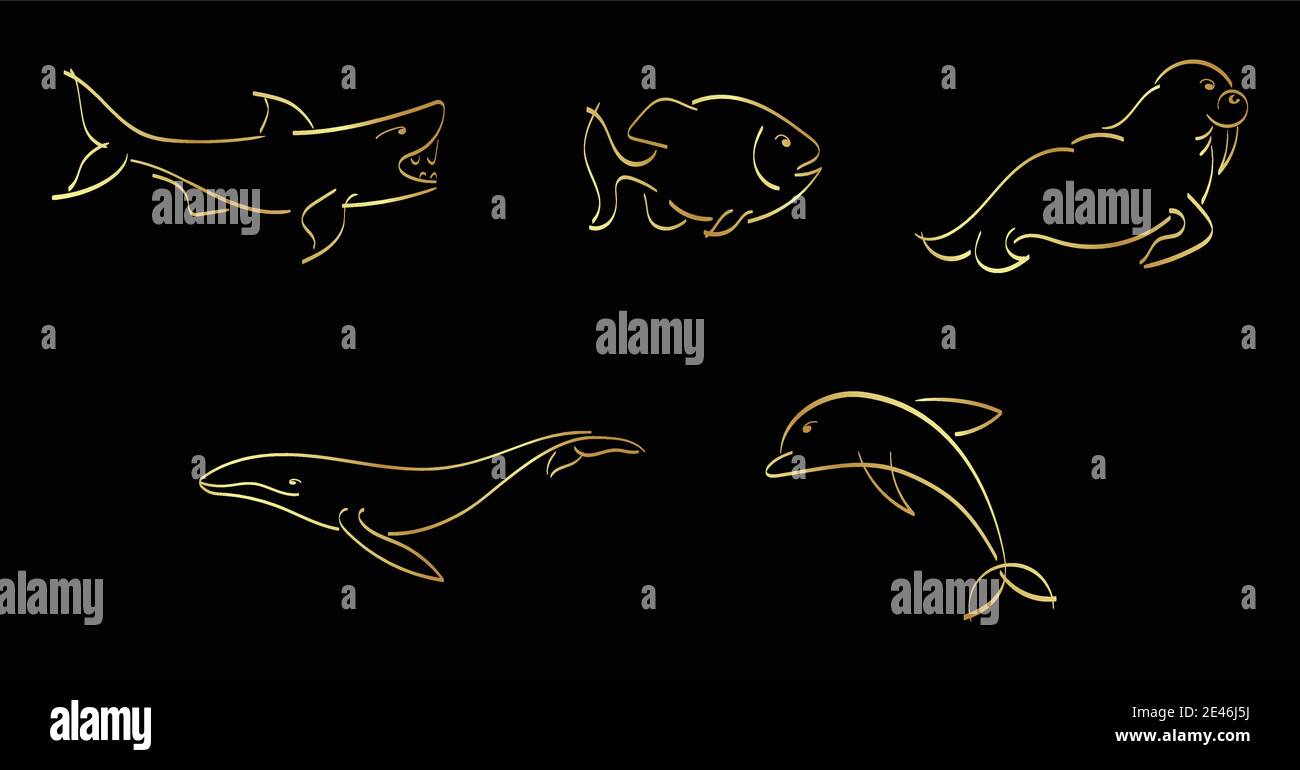 Contorno dorato insieme di squalo, pesce, piranha, wallus, balena, delfino Illustrazione Vettoriale