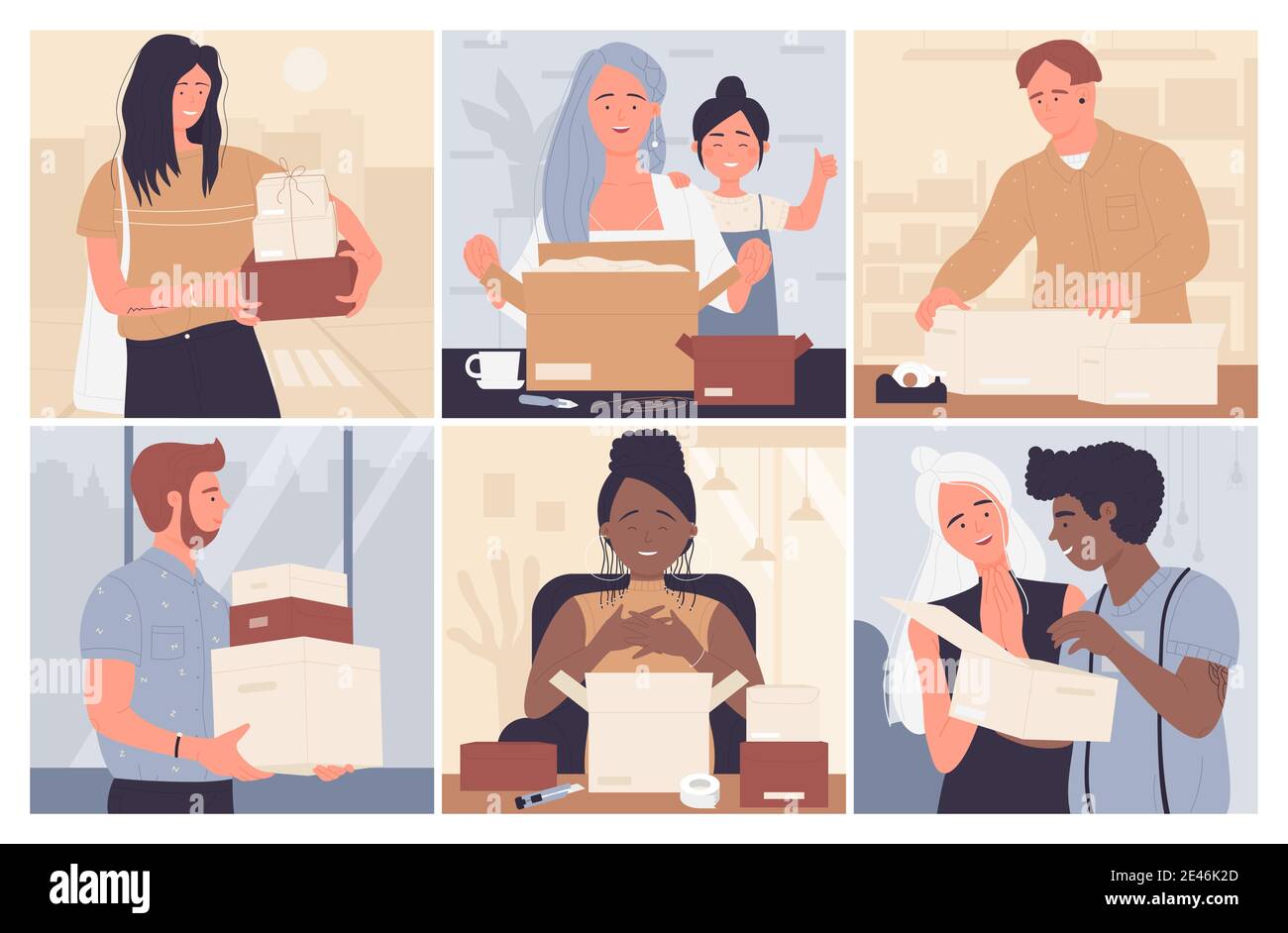Happy People aprire scatole di cartone vettore illustrazione set. Cartoon divertente uomo donna personaggi tenendo scatole di consegna pacchetti, apertura disimballaggio unboxing sorpresa regali raccolta di sfondo Illustrazione Vettoriale