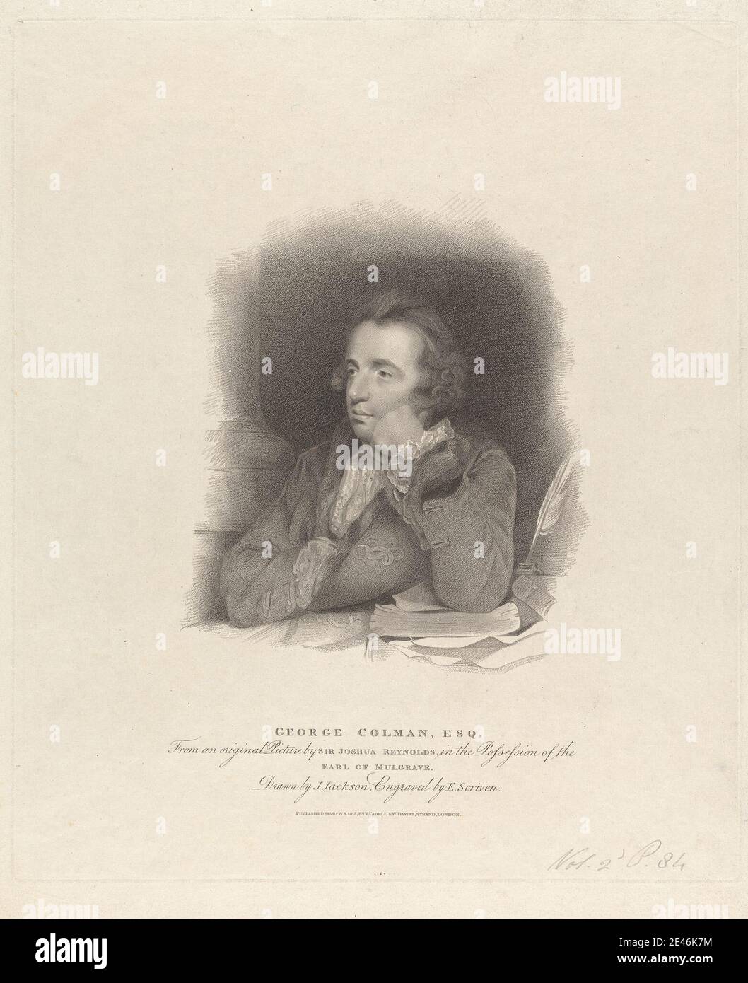 Edward Scriben, 1775â–1841, British, George Colman, The Elder, 1813. Incisione con impresso su carta di spessore moderato, moderatamente testurizzata, crema, wove. Foto Stock