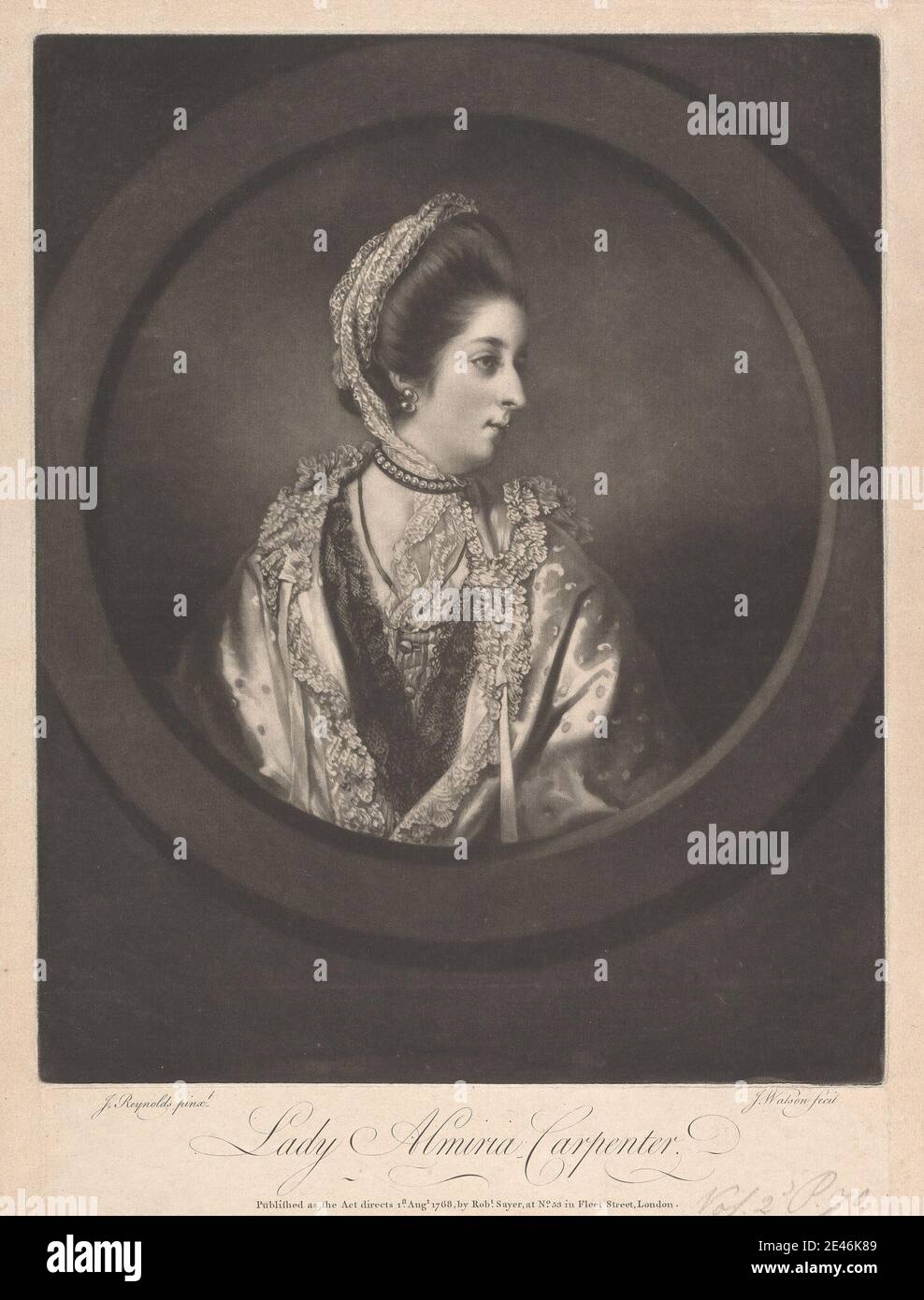 James Watson, 1740â–1790, British, Lady Almiria Carpenter, 1768. Mezzotinta su carta media, leggermente testurizzata, beige, deformato. Foto Stock