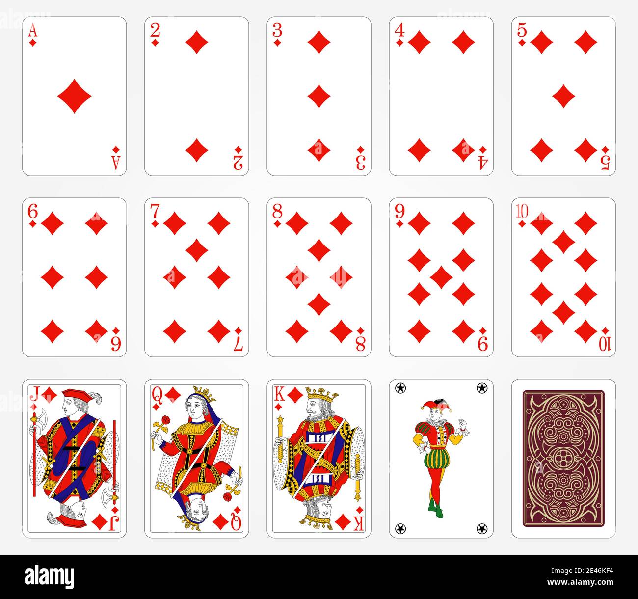 Carte da gioco di Diamonds vestito su sfondo bianco. Illustrazione vettoriale. Design originale. Illustrazione Vettoriale