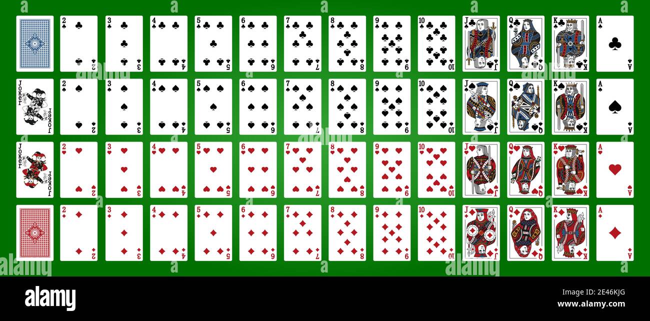 Set di poker con carte isolate su sfondo verde. Carte da poker, mazzo completo. Illustrazione Vettoriale