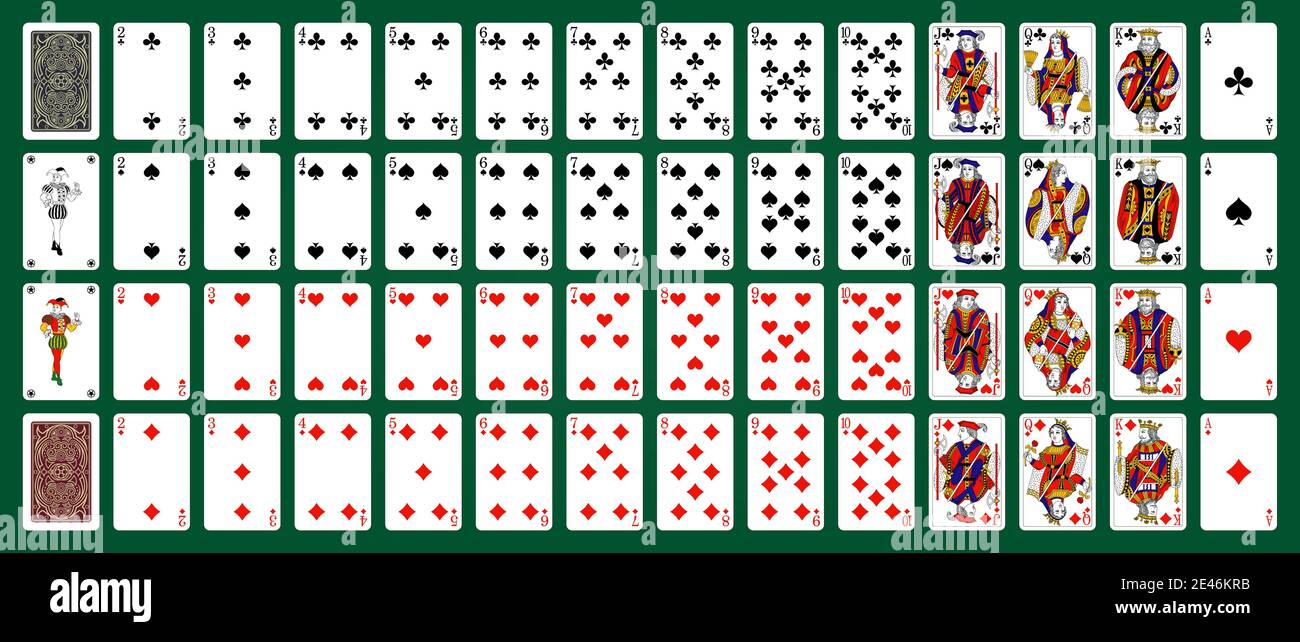 Set di poker con carte isolate su sfondo verde. Carte da poker, mazzo completo. Illustrazione Vettoriale