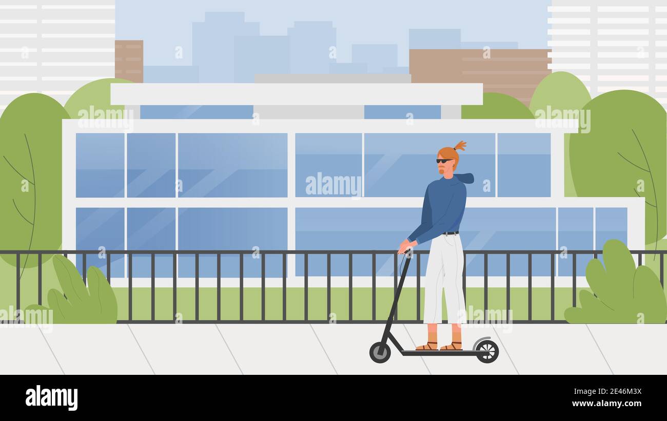 Giovane pilota con scooter elettrico sulla città strada illustrazione vettoriale. Cartoon maschio hipster carattere equitazione eco trasporto in città urbano, stile di vita millenario eco tecnologia sfondo Illustrazione Vettoriale