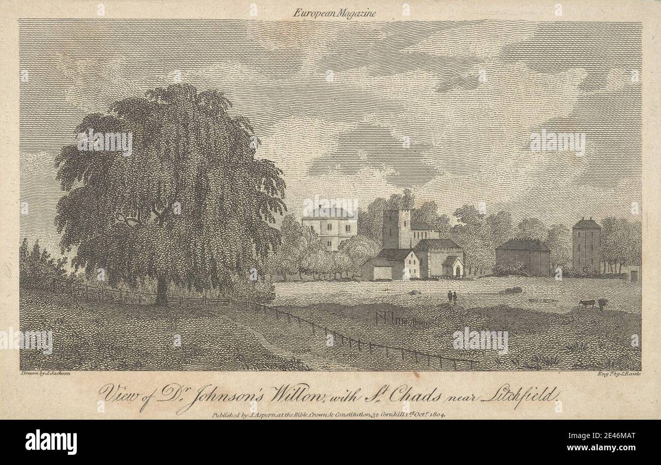 Samuel Rawle, 1771â–1860, British, Dr. Johnson's Willow con St. Chad's vicino a Lichfield, senza dati. Incisione. Foto Stock