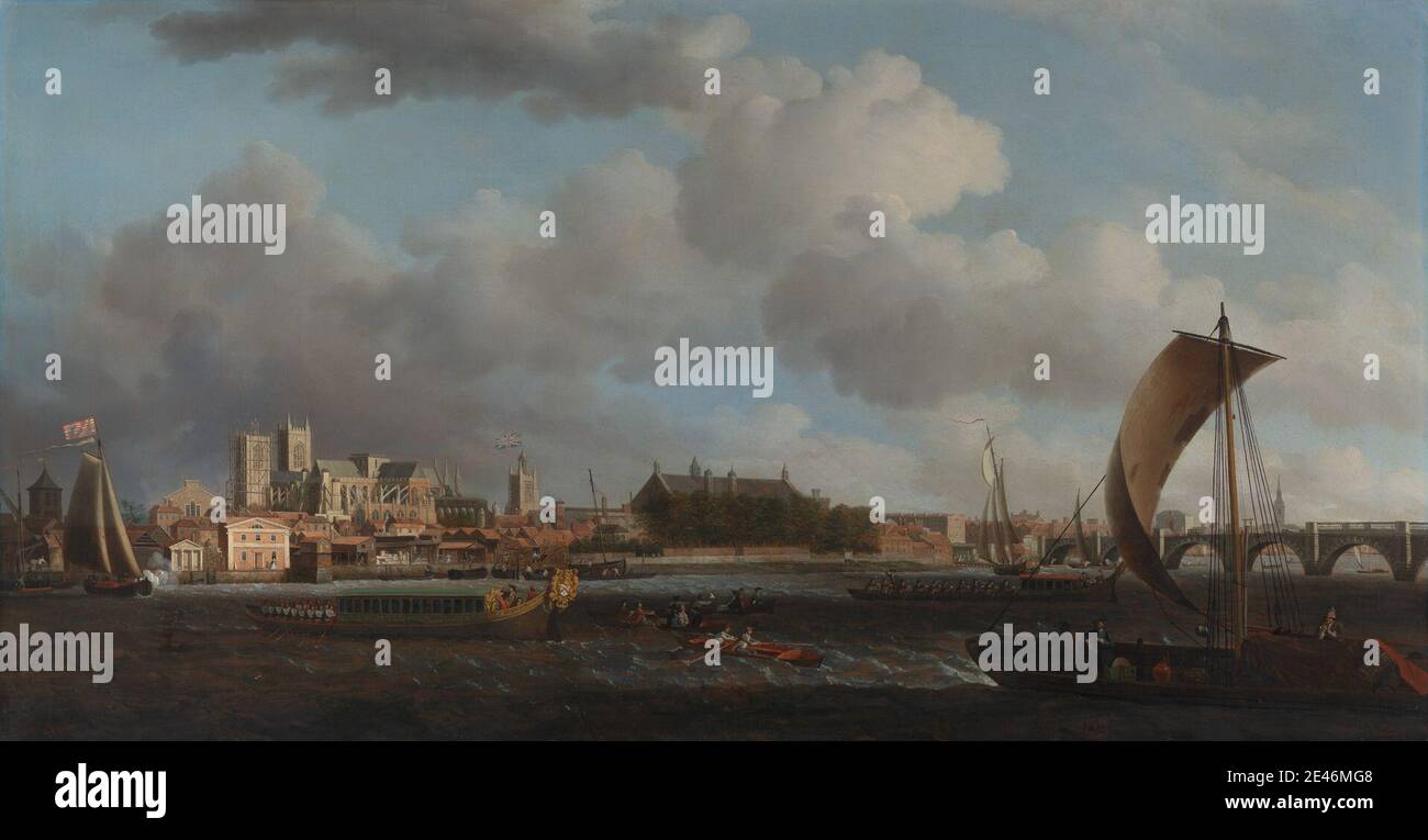 Samuel Scott, 1701/2â–1772, British, Westminster di Lambeth, con il Ceremonial Barge della compagnia degli ironmongers, ca. 1745. Olio su tela. Chiatte , chiatte (imbarcazione cerimoniale) , ponte (opera costruita) , edifici , cattedrale , cerimonia , chiesa , paesaggio urbano , stemma , costruzione , bandiere , arte marina , uomini , parapetto , processione , fiume , barche a remi , barche a vela , ponteggi , pendii (imbarcazioni a vela) , guglia , torre (divisione edilizia) , torrette , vento. Città di Westminster , Inghilterra , Grande Londra , Londra , Tamigi , Regno Unito , Westminster Foto Stock