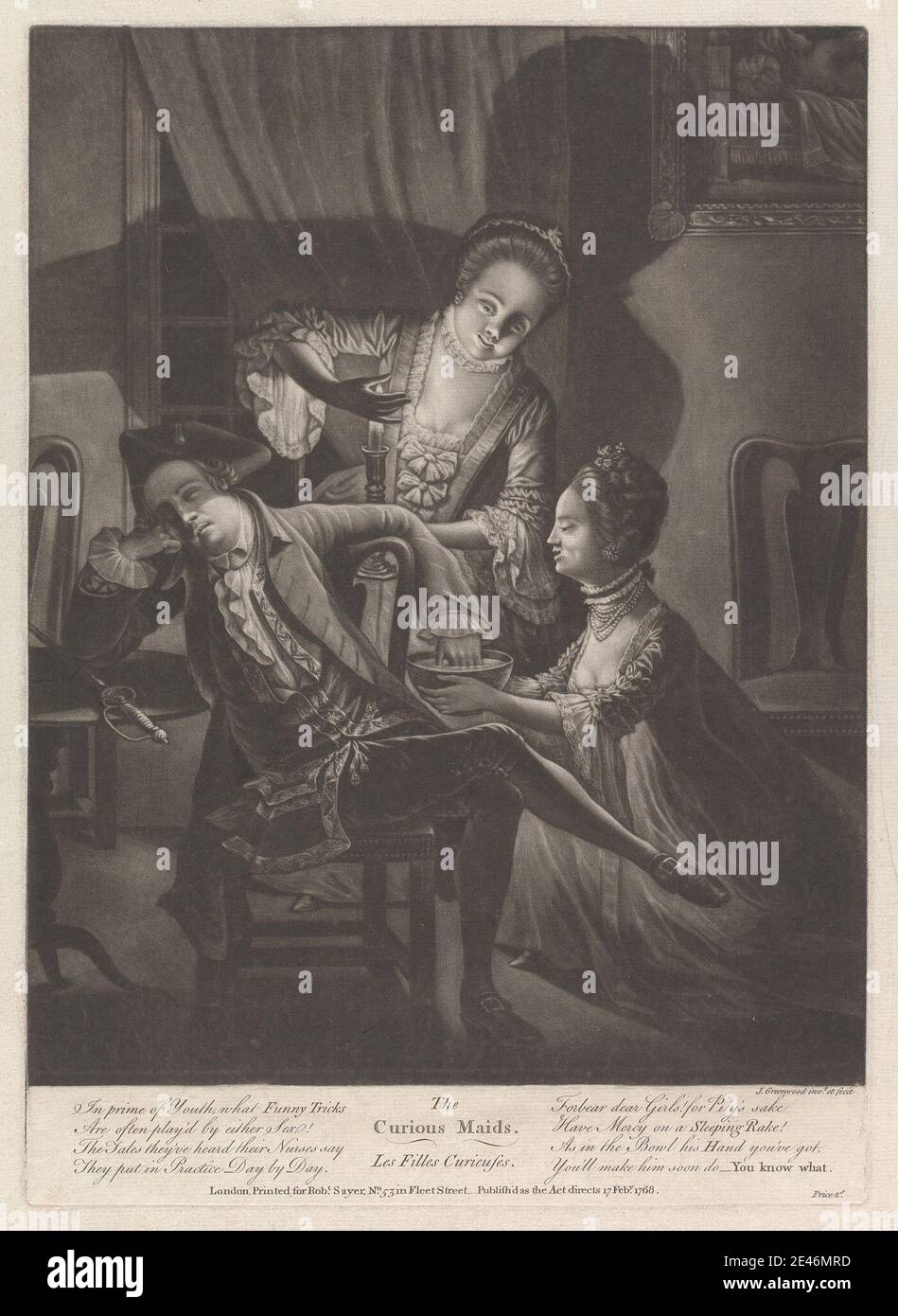 Stampa di John Greenwood, 1727â–1792, americano, attivo in Gran Bretagna (dal 1763), The Curious Maids, 1768. Mezzotinta su moderatamente spesso, moderatamente testurizzato, carta crema posata. Ciotola , archi (accessori costume) , candela , sedie , cappotto , costume , cravat , tende , tendaggi , balze , soggetto genere , abiti , umorismo , interni , gioielli , ridere , cameriere , uomini , collane , notte , perle , sonno , spada , tricorne , donne Foto Stock