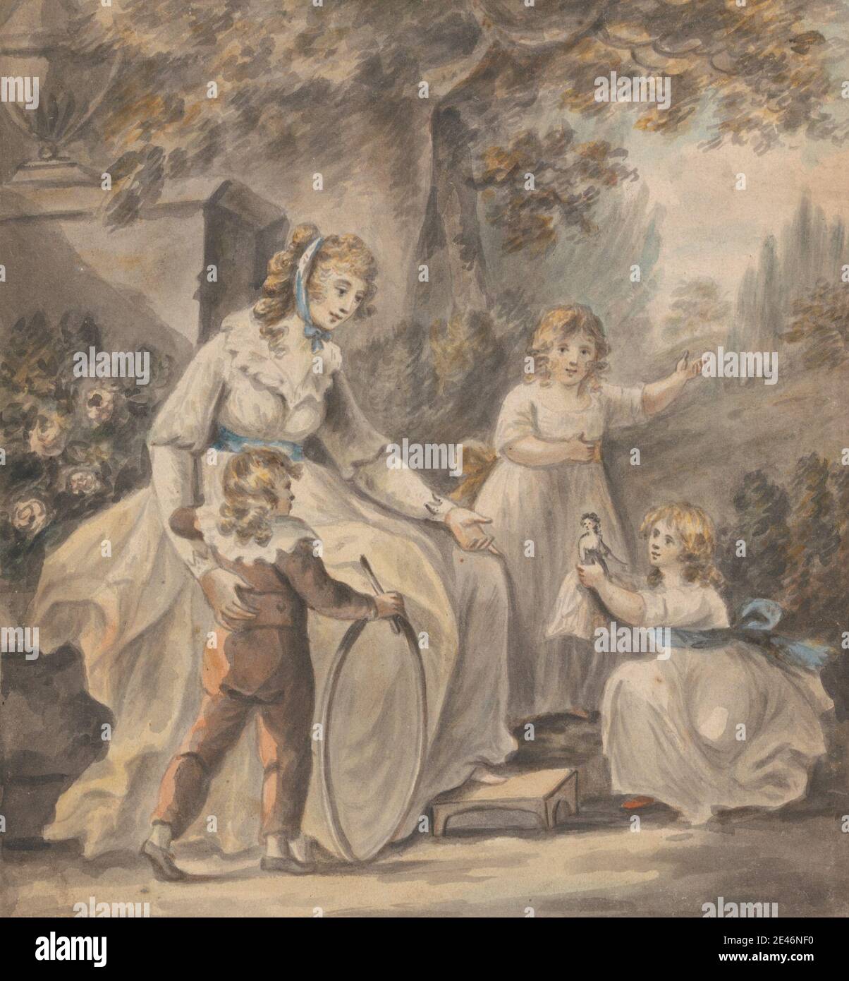 Paul Sandby RA, 1731–1809, inglese, infermiera con tre figli, ca. 1800. Acquerello su carta media, crema, leggermente testurizzata. Ragazzo , bambini , bambole costume , fiori (piante) , genere soggetto , ragazze , cerchi (giocattoli) , infermieri , giocattoli , alberi , urne Foto Stock