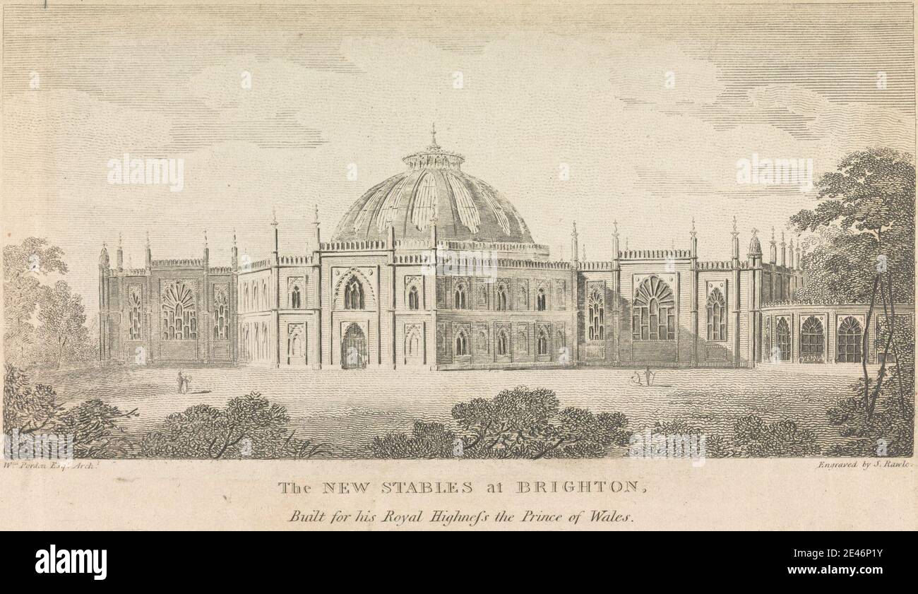 Samuel Rawle, 1771–1860, British, The New Stables at Brighton, costruito per sua altezza reale il Principe di Galles; pagina 39 (Volume uno). Dominio pubblico Foto Stock