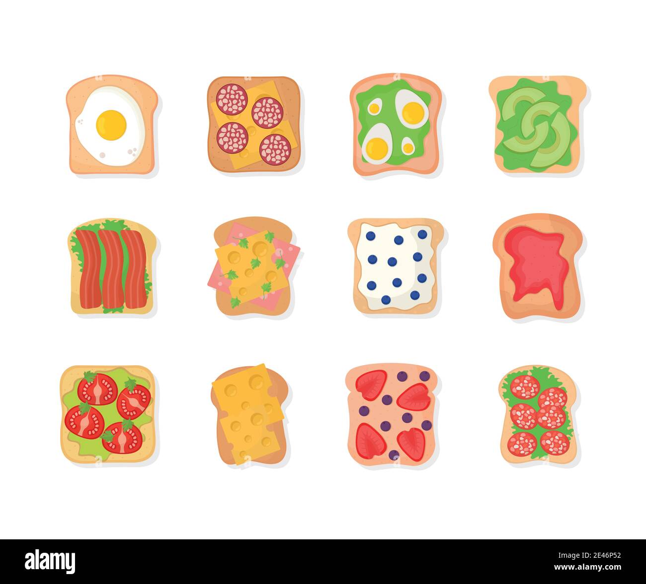 set di pane con il roba in cima ad esso su sfondo bianco Illustrazione Vettoriale