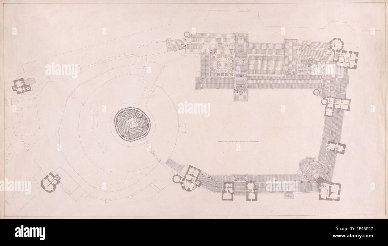 Studio di Sir Jeffry Wyatville, 1766–1840, British, Windsor Castle, Berkshire: Piano principale, dopo il 1830. Acquerello, penna e inchiostro nero, grafite su carta leggermente testurizzata, moderatamente spessa, crema wove. Soggetto architettonico Foto Stock