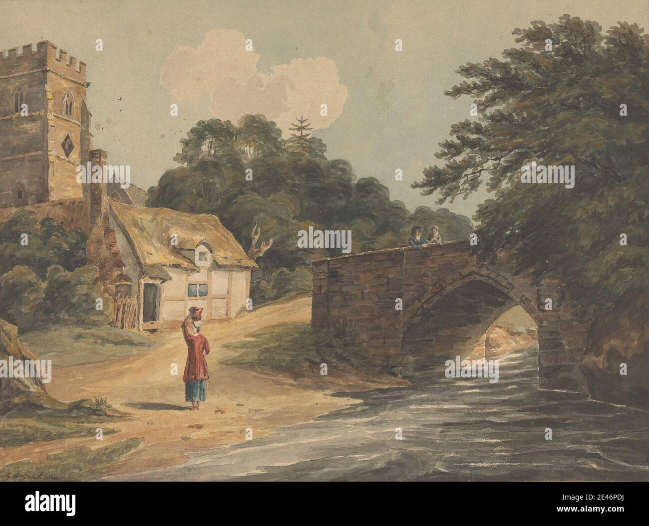 G. W. Gent, attivo 1804–1822, Chiesa e Ponte di Boldre, 1800. Acquerello, grafite, graffiatura, penna e inchiostro marrone su carta media, leggermente testurizzata, beige, wove, montata su carta spessa, moderatamente testurizzata, beige, wove. Dominio pubblico Foto Stock
