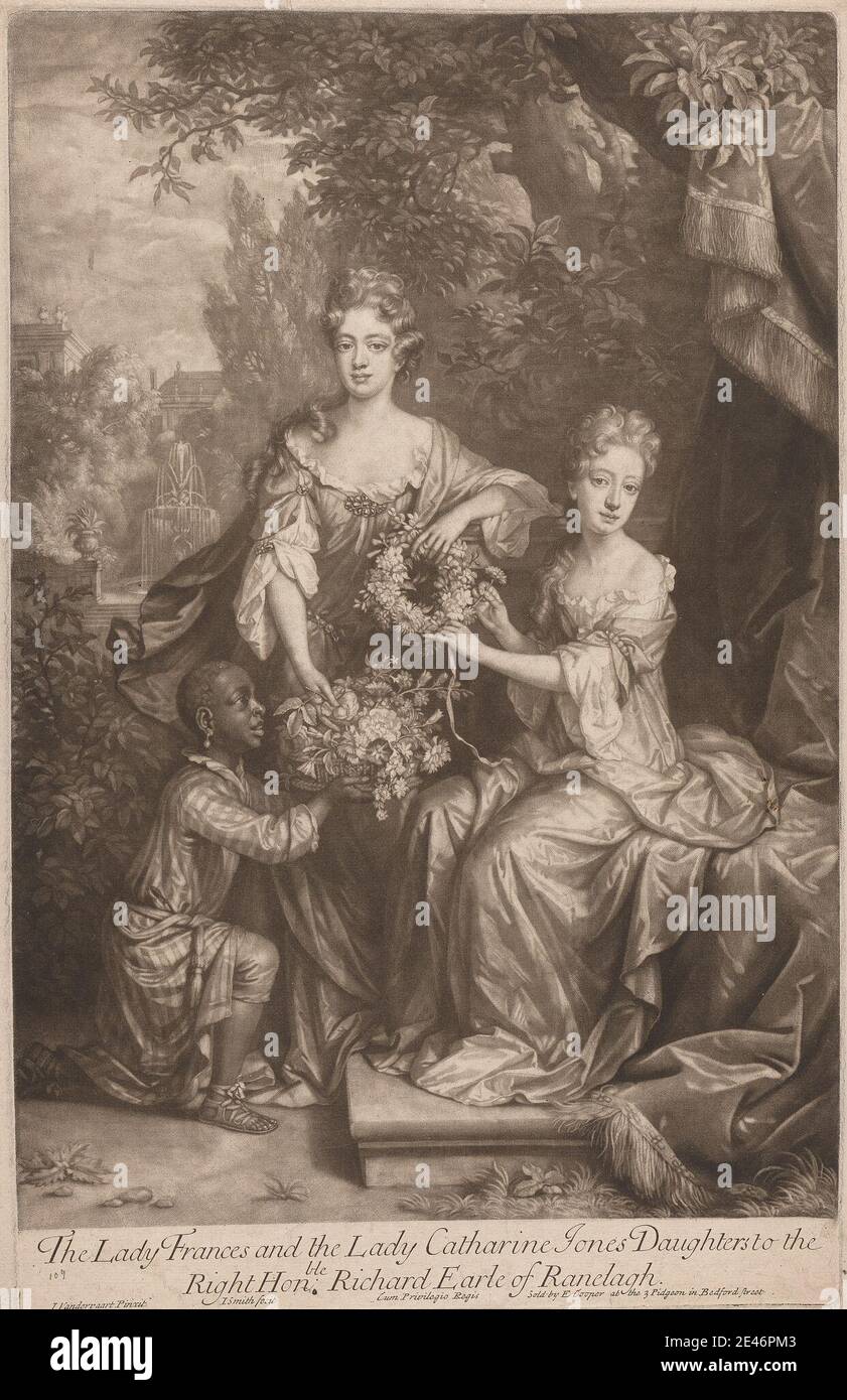 John Smith, 1652–1743, British, The Lady Frances e The Lady Catherine Jones Figlie a destra onorevole Richard Earl di Ranleagh. Mezzotinta. Dominio pubblico Foto Stock