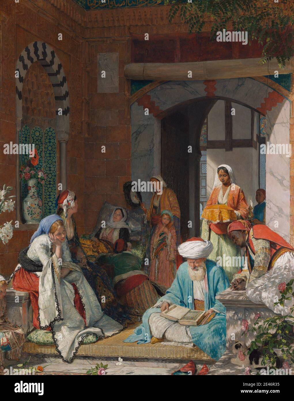 John Frederick Lewis, 1804–1876, britannico, "e la preghiera di fede salvi i malati", 1872. Olio sul pannello. Arabo , arco , letto , ciotola , edificio , cristianesimo , costume , cultura , costumi , morte , fiori (piante) , fiori (piante) , genere soggetto , malato , malattia , manoscritto illuminato , Islam , brocca , luce , uomo , manoscritto (genere documento) , mosaici , Orientalismo , gente , preghiera , preghiera , Qu'ran , lettura , soggetto religioso e mitologico , testi religiosi , servitori , ombre , malati , schiavi , tessuti , turbanti , vaso , mattonella , donne. Hathor, antica dea egiziana Foto Stock