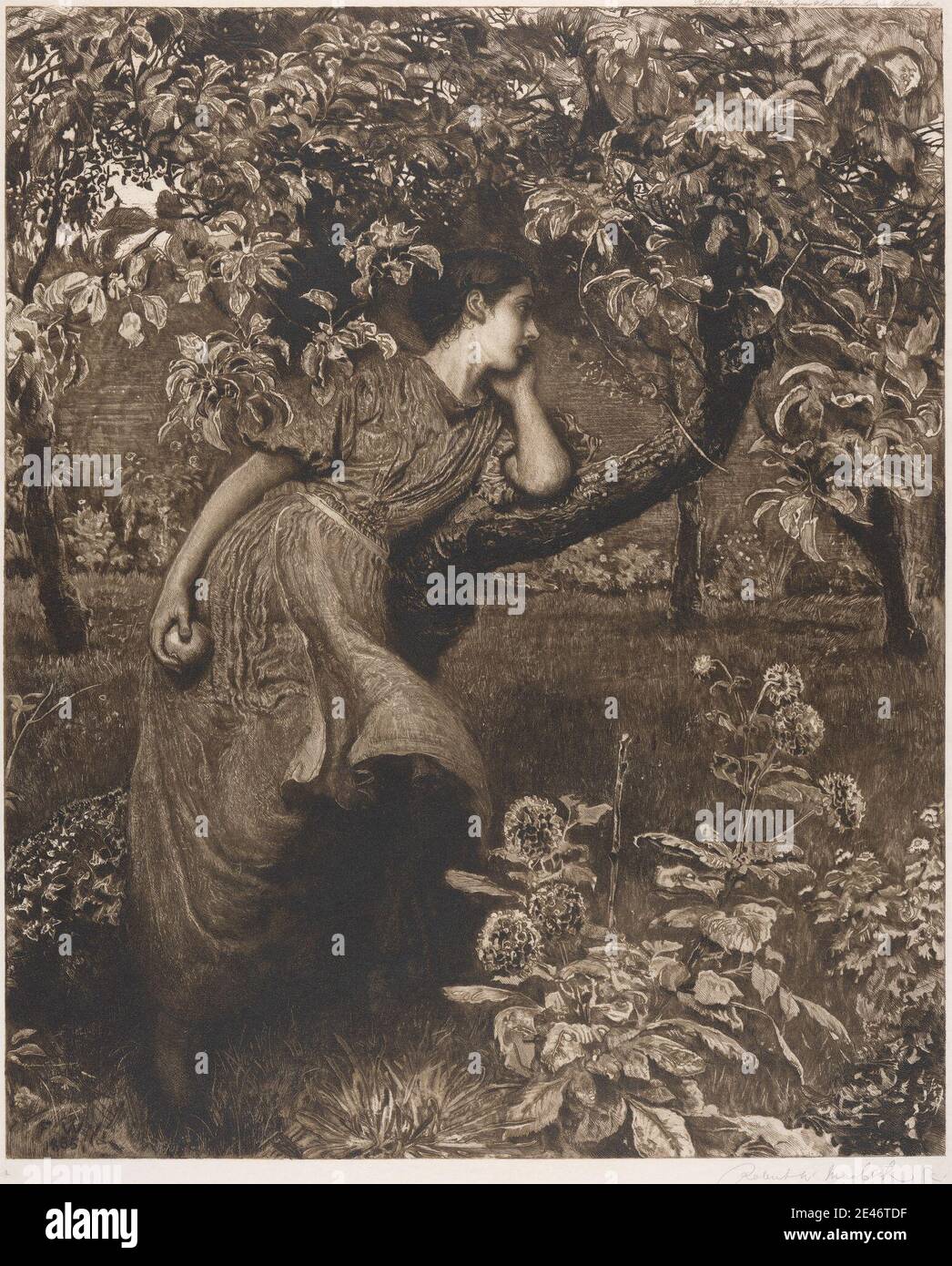 Stampa realizzata da Robert Walker Macbeth, 1848–1910, inglese, autunno 1865. Incisione su carta di wove sottile, liscia, crema. Autunno , abito , femmina , figura , fogliame , genere soggetto , albero Foto Stock