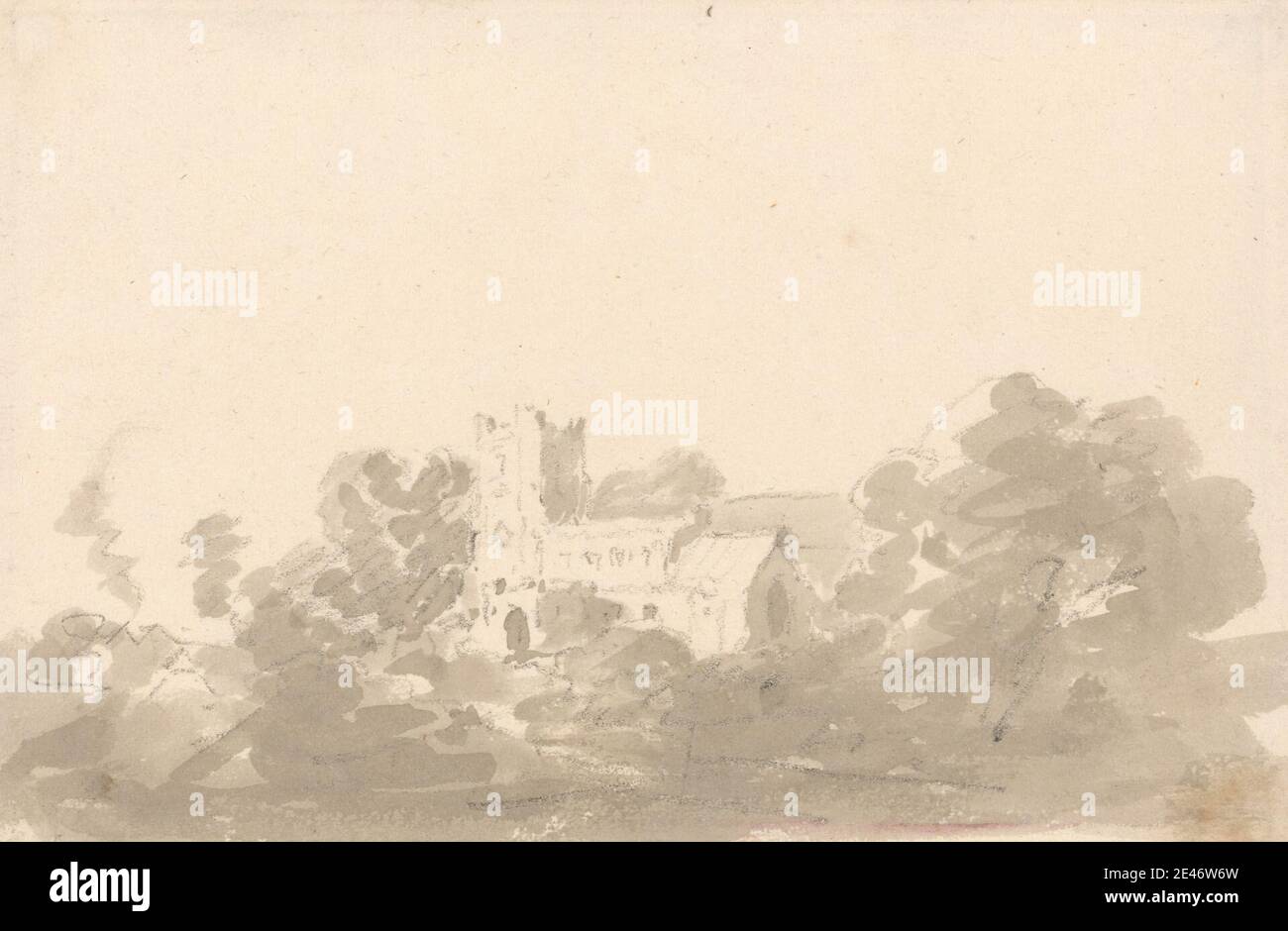 Sir George Howland Beaumont 7nd Baronet, 1753–1827, inglese, Chiesa in alberi, non datato. Grafite e grigio lavano su carta di media, leggermente testurizzata, crema di wove. chiesa , paesaggio , alberi Foto Stock