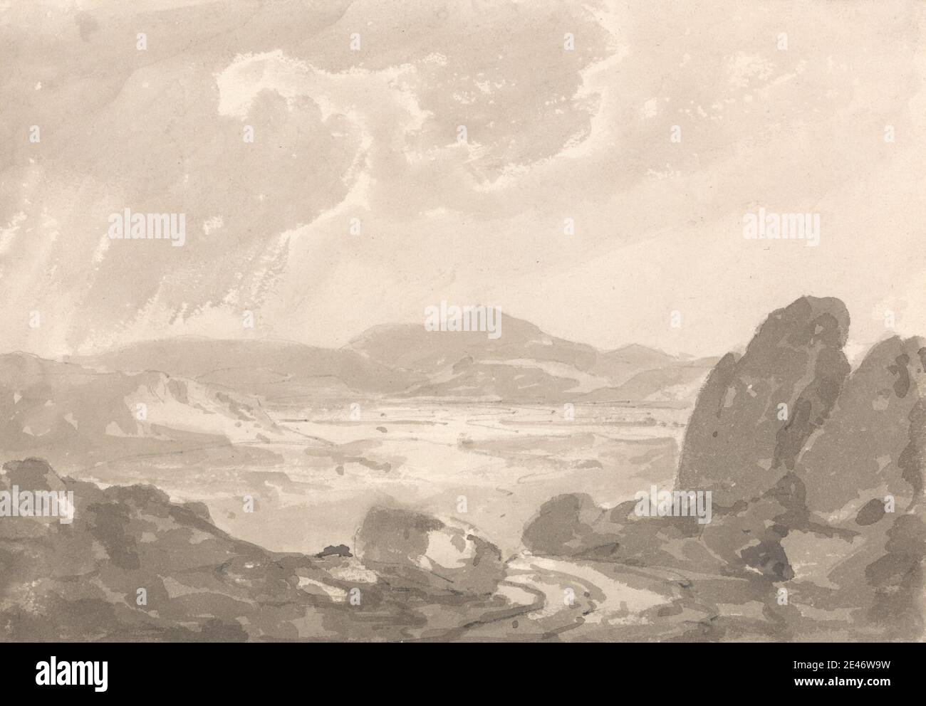 Sir George Howland Beaumont 7nd Baronet, 1753–1827, inglese, View Over Valley, senza nome. Grafite e grigio su carta media, leggermente testurizzata, crema di wove. spiaggia , nuvole , paesaggio , montagne , valle (landform) Foto Stock