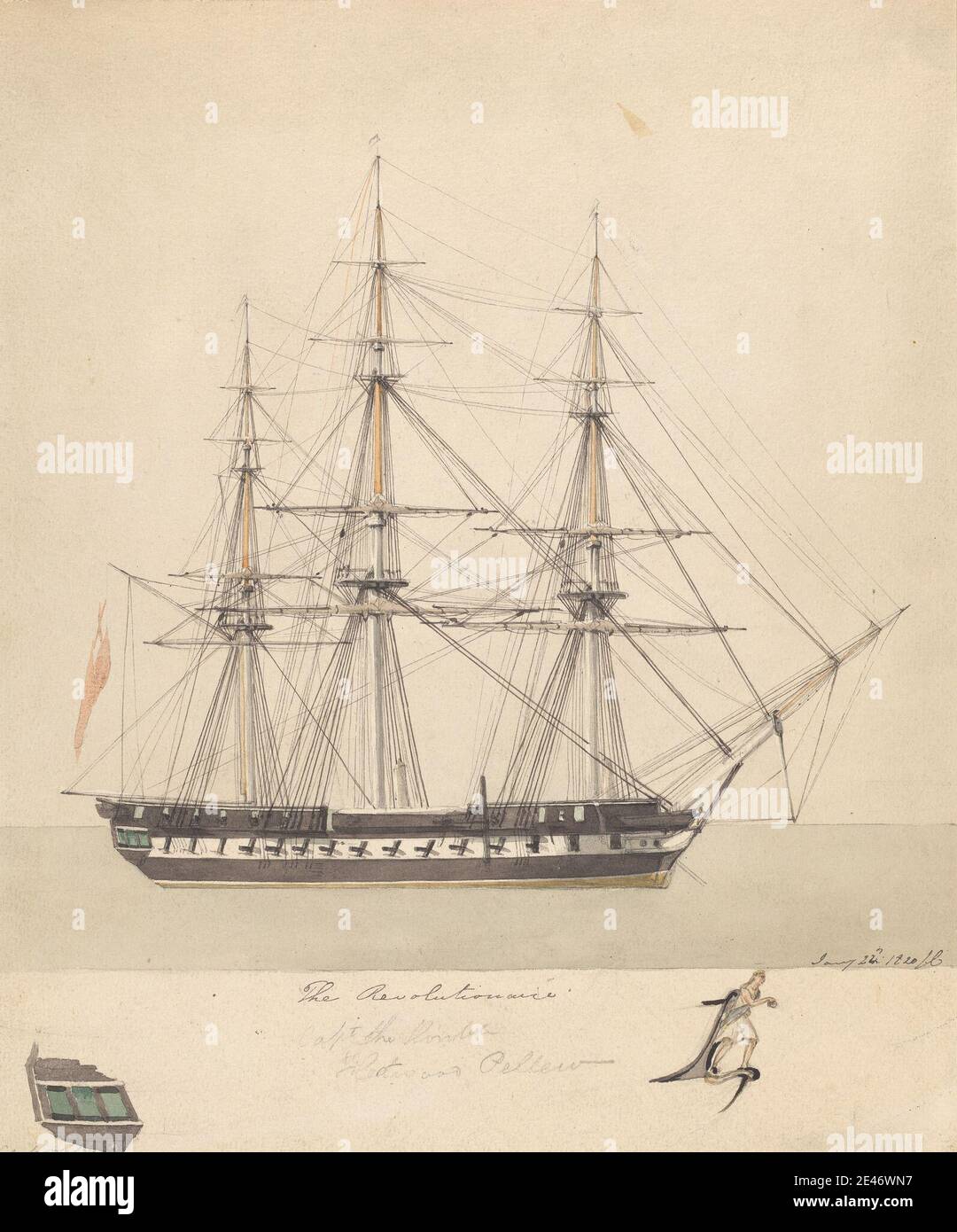 Joseph Cartwright, c.1789–1829, britannico, il rivoluzionario: Single Corvette, 1820. Acquerello, penna e inchiostro nero, inchiostro grigio e grafite su carta wove di spessore moderato, leggermente testurizzata, beige, montata su carta wove, moderatamente spessa, leggermente testurizzata, beige. Dominio pubblico Foto Stock