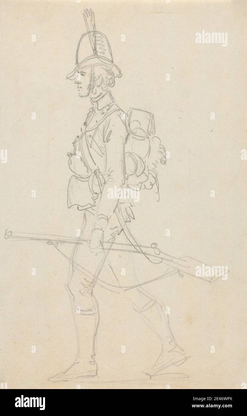 Joseph Cartwright, c.1789–1829, britannico, per tutta la lunghezza del soldato che porta la pistola in mano e l'attrezzatura sulla schiena, senza bordo. Grafite su carta media, leggermente testurizzata, bianca blu, su carta depilata, leggermente spessa, liscia, beige, wove. Dominio pubblico Foto Stock