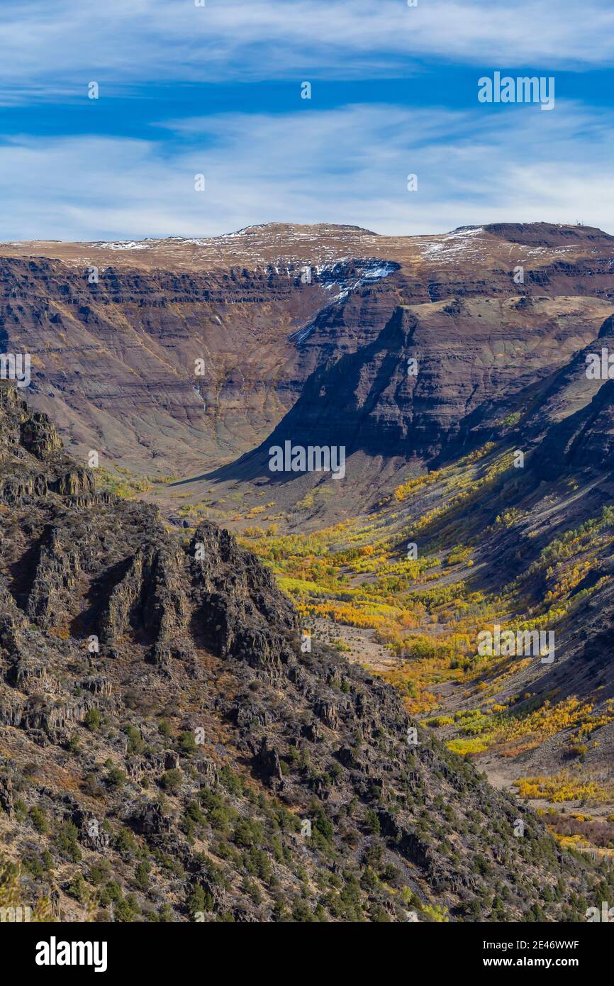 Guardando nella Big Indian Gorge scolpita in glaciale su Steens Mountain, Oregon, Stati Uniti Foto Stock